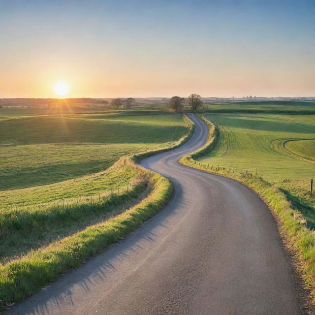 A peaceful rural scene during a warm afternoon, with a clear blue sky, sun gently sinking towards the horizon, and an empty country road winding between green fields.