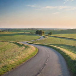 A peaceful rural scene during a warm afternoon, with a clear blue sky, sun gently sinking towards the horizon, and an empty country road winding between green fields.