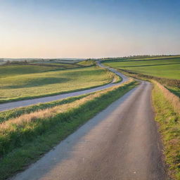 A peaceful rural scene during a warm afternoon, with a clear blue sky, sun gently sinking towards the horizon, and an empty country road winding between green fields.