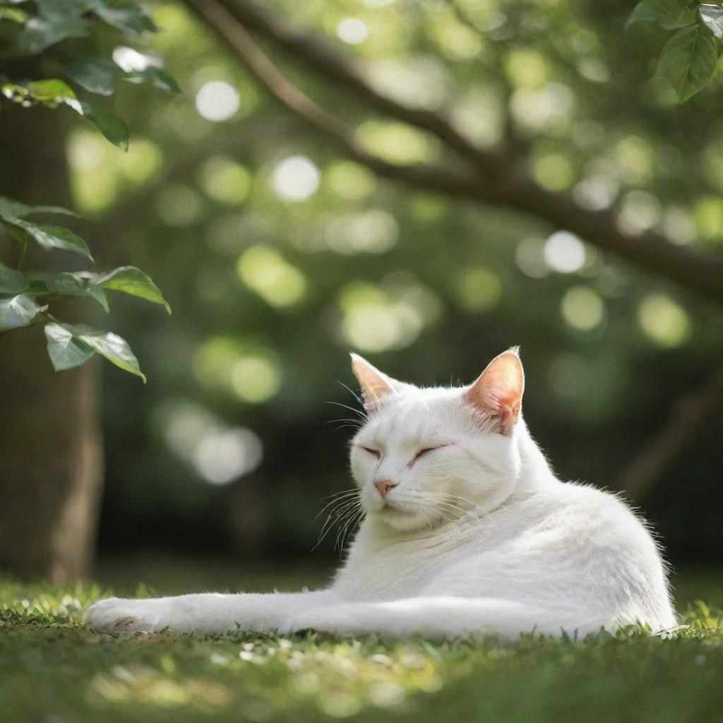 A serene white cat peacefully sleeping beneath a lush green tree, bathed in dappled sunlight.