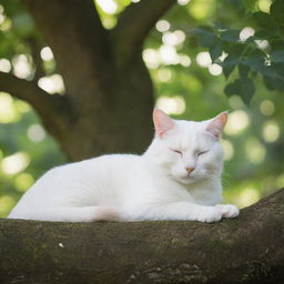 A serene white cat peacefully sleeping beneath a lush green tree, bathed in dappled sunlight.