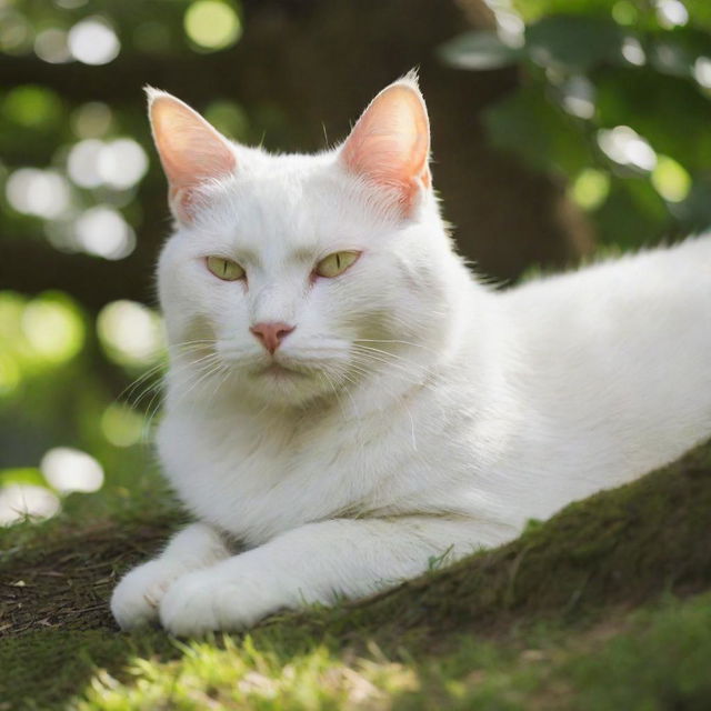 A serene white cat peacefully sleeping beneath a lush green tree, bathed in dappled sunlight.