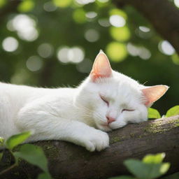 A serene white cat peacefully sleeping beneath a lush green tree, bathed in dappled sunlight.