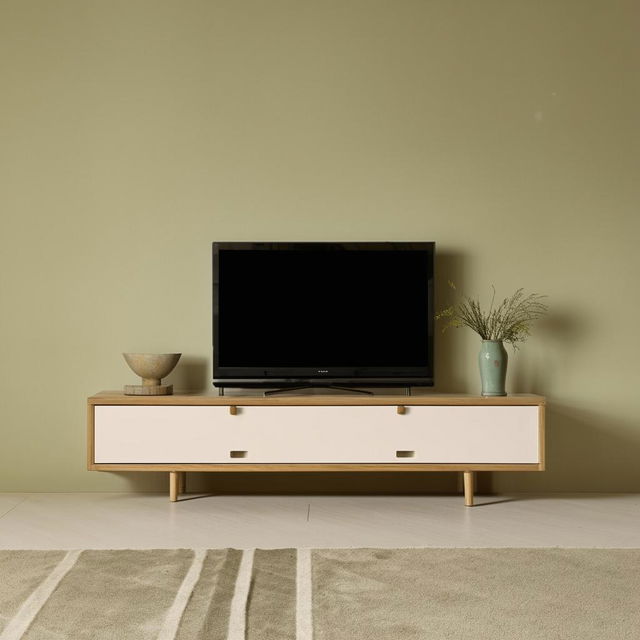 A minimalist TV unit in light green laminate, complemented by off-white elements and showcasing a clean, simple design