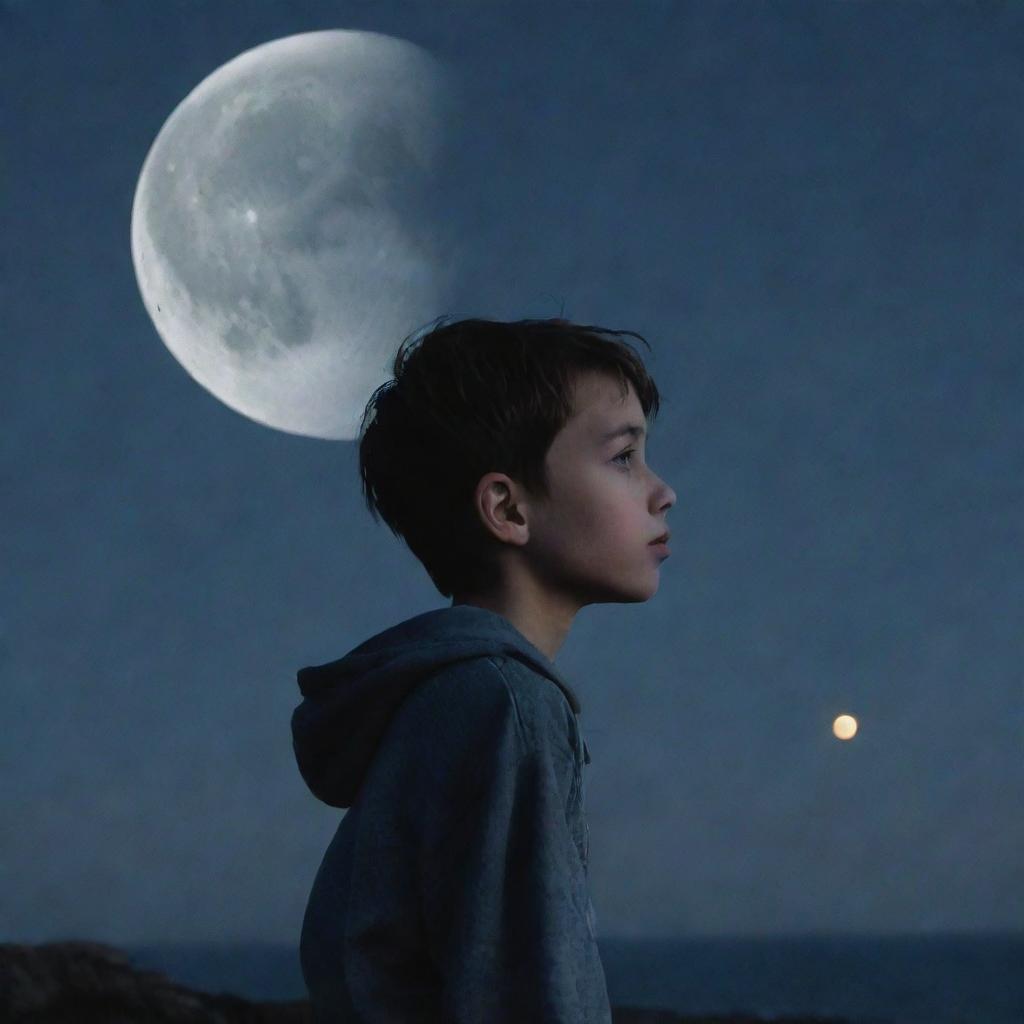 A melancholic boy, under the shimmering moonlight, looking longingly at the moon.