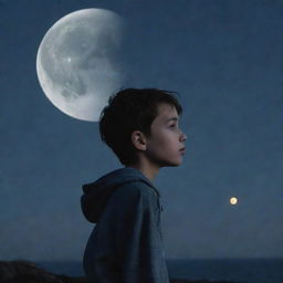 A melancholic boy, under the shimmering moonlight, looking longingly at the moon.