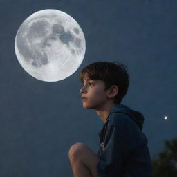 A melancholic boy, under the shimmering moonlight, looking longingly at the moon.