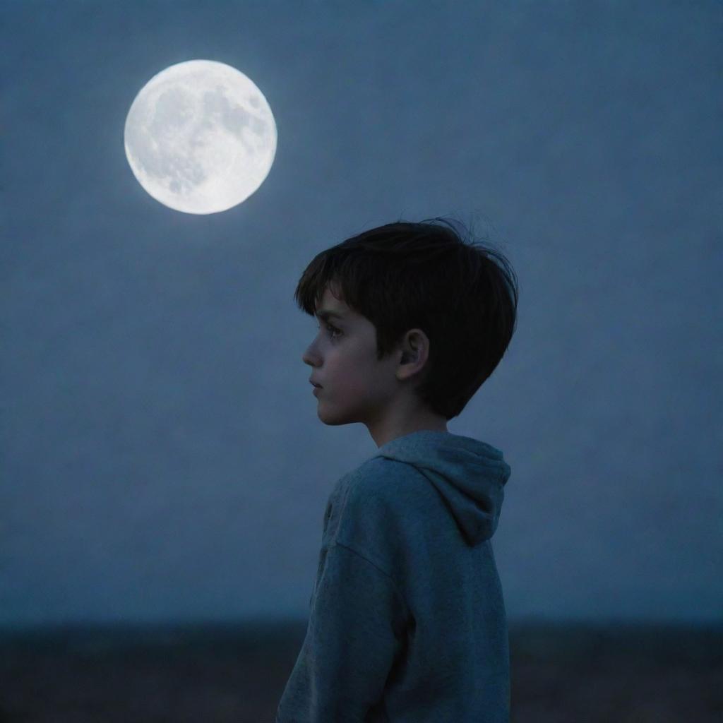 A melancholic boy, under the shimmering moonlight, looking longingly at the moon.