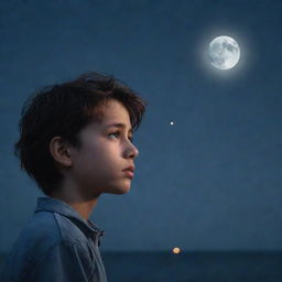 A melancholic boy, under the shimmering moonlight, looking longingly at the moon.