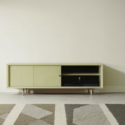 A minimalist TV unit in light green laminate, complemented by off-white elements and showcasing a clean, simple design