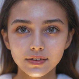 Close-up of a girl's face radiant with a luminous, ethereal glow.