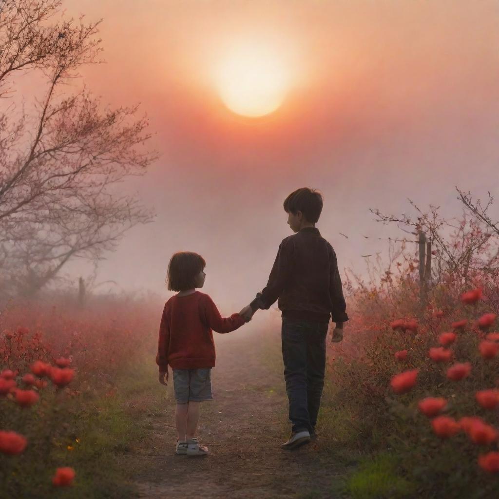 An intimate scene of a boy holding a girl's hand beneath the afternoon red sun, with a hint of fog, a vibrant sky filled with birds, and a foreground of blooming flowers.