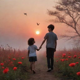 An intimate scene of a boy holding a girl's hand beneath the afternoon red sun, with a hint of fog, a vibrant sky filled with birds, and a foreground of blooming flowers.