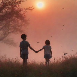 An intimate scene of a boy holding a girl's hand beneath the afternoon red sun, with a hint of fog, a vibrant sky filled with birds, and a foreground of blooming flowers.