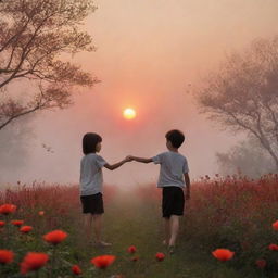 An intimate scene of a boy holding a girl's hand beneath the afternoon red sun, with a hint of fog, a vibrant sky filled with birds, and a foreground of blooming flowers.