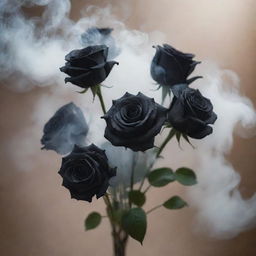 An enchanting scene featuring a bouquet of black roses shrouded in ethereal wisps of smoke.