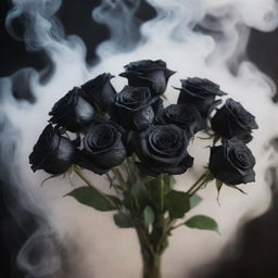 An enchanting scene featuring a bouquet of black roses shrouded in ethereal wisps of smoke.