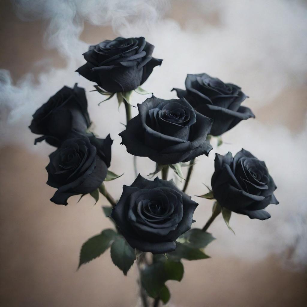 An enchanting scene featuring a bouquet of black roses shrouded in ethereal wisps of smoke.