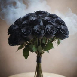 An enchanting scene featuring a bouquet of black roses shrouded in ethereal wisps of smoke.