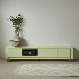 A minimalist TV unit in light green laminate, complemented by off-white elements and showcasing a clean, simple design