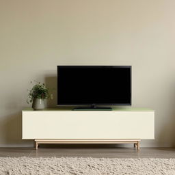 A minimalist TV unit in light green laminate, complemented by off-white elements and showcasing a clean, simple design