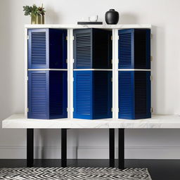 White and blue fluted shutters forming a storage unit located above a sleek black marble side table