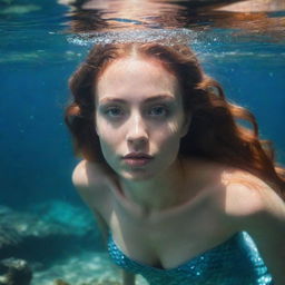 A stern-faced mermaid gazing from beneath the calm, crystal clear waters, her shimmering scales reflecting the light