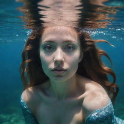 A stern-faced mermaid gazing from beneath the calm, crystal clear waters, her shimmering scales reflecting the light