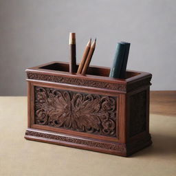 A meticulously crafted pencil holder made from rich mahogany, adorned with intricate carvings.