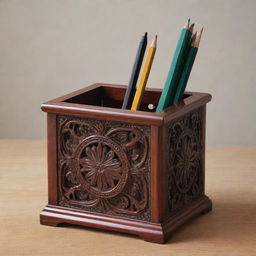 A meticulously crafted pencil holder made from rich mahogany, adorned with intricate carvings.