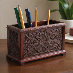 A meticulously crafted pencil holder made from rich mahogany, adorned with intricate carvings.