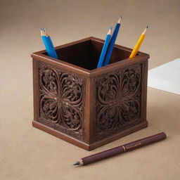 A meticulously crafted pencil holder made from rich mahogany, adorned with intricate carvings.