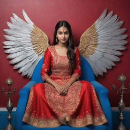 A shy-looking girl with an attitude, sitting on a blue chair adorned in red, golden, and silver Indian traditional wear. The name 'Bhakti' illuminates the wall behind her in a neon design, accompanied by ethereal wings.