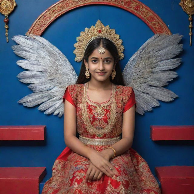 A shy-looking girl with an attitude, sitting on a blue chair adorned in red, golden, and silver Indian traditional wear. The name 'Bhakti' illuminates the wall behind her in a neon design, accompanied by ethereal wings.