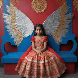 A shy-looking girl with an attitude, sitting on a blue chair adorned in red, golden, and silver Indian traditional wear. The name 'Bhakti' illuminates the wall behind her in a neon design, accompanied by ethereal wings.