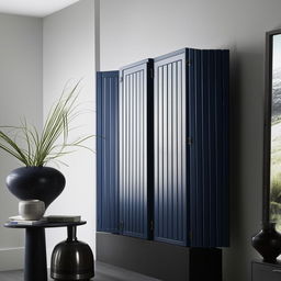 White and blue fluted shutters forming a storage unit located above a sleek black marble side table