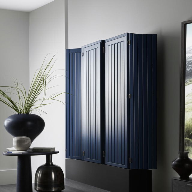 White and blue fluted shutters forming a storage unit located above a sleek black marble side table