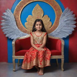 A shy-looking girl with an attitude, sitting on a blue chair adorned in red, golden, and silver Indian traditional wear. The name 'Bhakti' illuminates the wall behind her in a neon design, accompanied by ethereal wings.