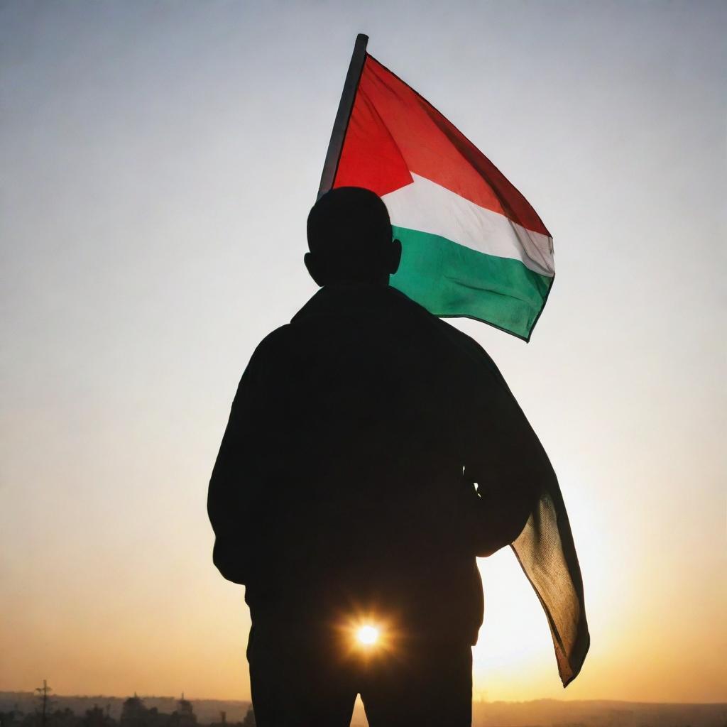 Silhouette of a resolute man standing against a radiant sunrise, Palestinian flag fluttering gently on his shoulder, its colors symbolic of resilience. His face, illuminated by the sunrise, shows determination and optimistic hope for the future.