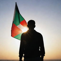 Silhouette of a resolute man standing against a radiant sunrise, Palestinian flag fluttering gently on his shoulder, its colors symbolic of resilience. His face, illuminated by the sunrise, shows determination and optimistic hope for the future.