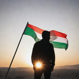 Silhouette of a resolute man standing against a radiant sunrise, Palestinian flag fluttering gently on his shoulder, its colors symbolic of resilience. His face, illuminated by the sunrise, shows determination and optimistic hope for the future.