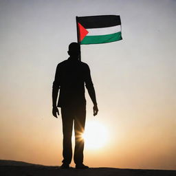 Silhouette of a resolute man standing against a radiant sunrise, Palestinian flag fluttering gently on his shoulder, its colors symbolic of resilience. His face, illuminated by the sunrise, shows determination and optimistic hope for the future.