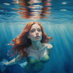 A painting of a stern-faced mermaid gazing from beneath the calm, crystal clear waters, her shimmering scales reflectively capturing the light. The tones and strokes of the painting convey the vivid underwater world.