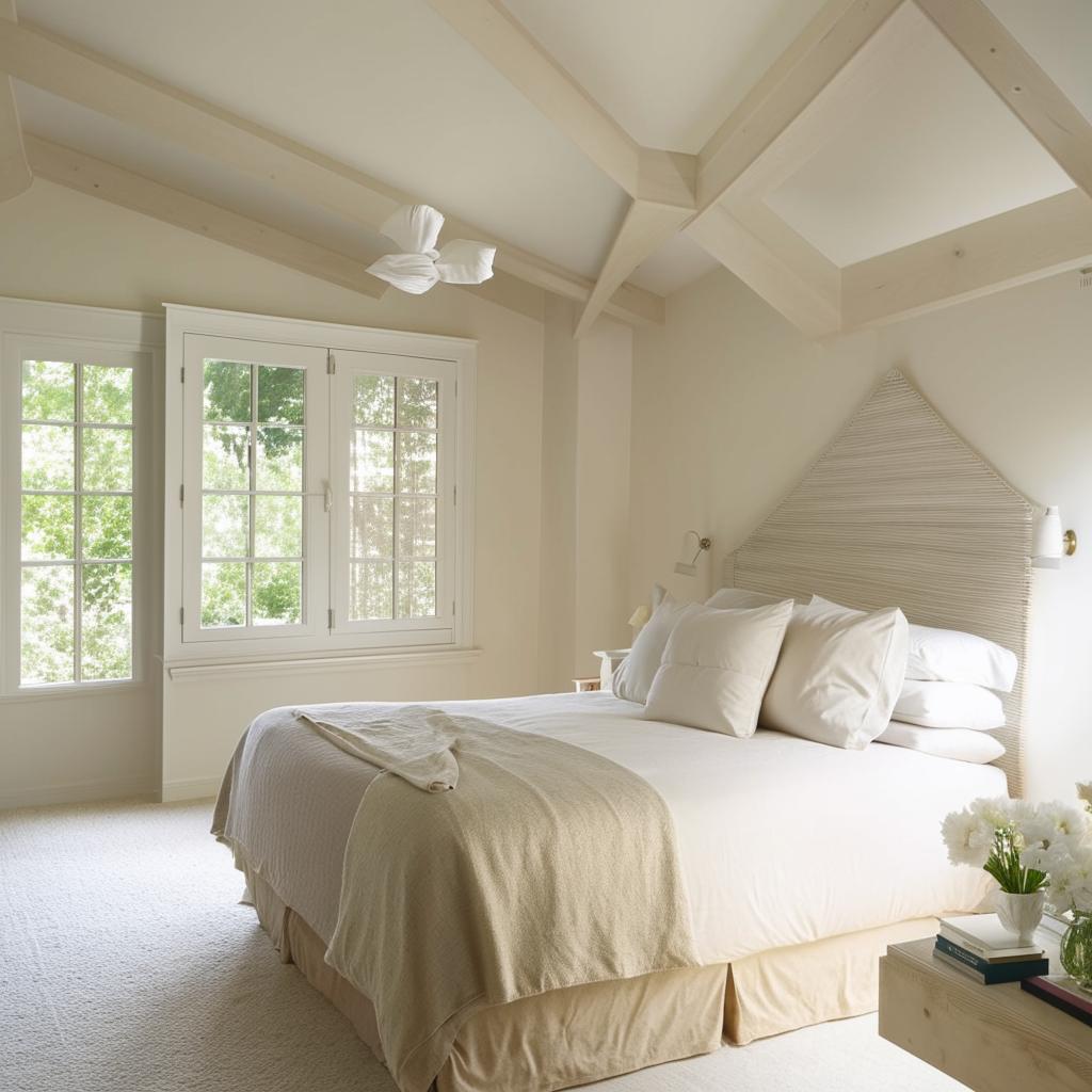 A cozy and serene bedroom with a light color theme. The room features soft tones and hues, inducing a sense of tranquility.