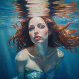 A painting of a stern-faced mermaid gazing from beneath the calm, crystal clear waters, her shimmering scales reflectively capturing the light. The tones and strokes of the painting convey the vivid underwater world.