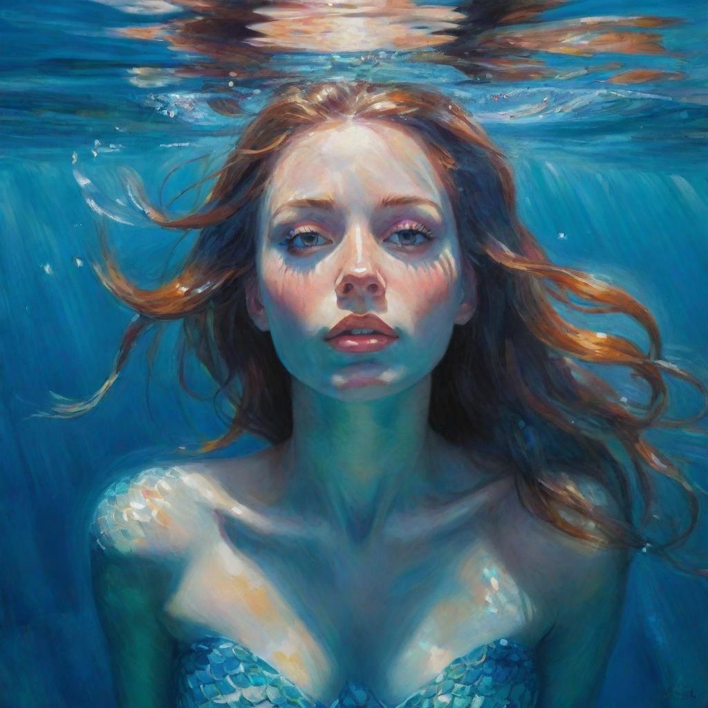 A painting of a stern-faced mermaid gazing from beneath the calm, crystal clear waters, her shimmering scales reflectively capturing the light. The tones and strokes of the painting convey the vivid underwater world.