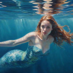 A painting of a stern-faced mermaid gazing from beneath the calm, crystal clear waters, her shimmering scales reflectively capturing the light. The tones and strokes of the painting convey the vivid underwater world.