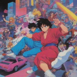 A detailed scene in the distinct bright and colorful aesthetics of 80's anime, showcasing dramatic action sequences and characteristic character designs.