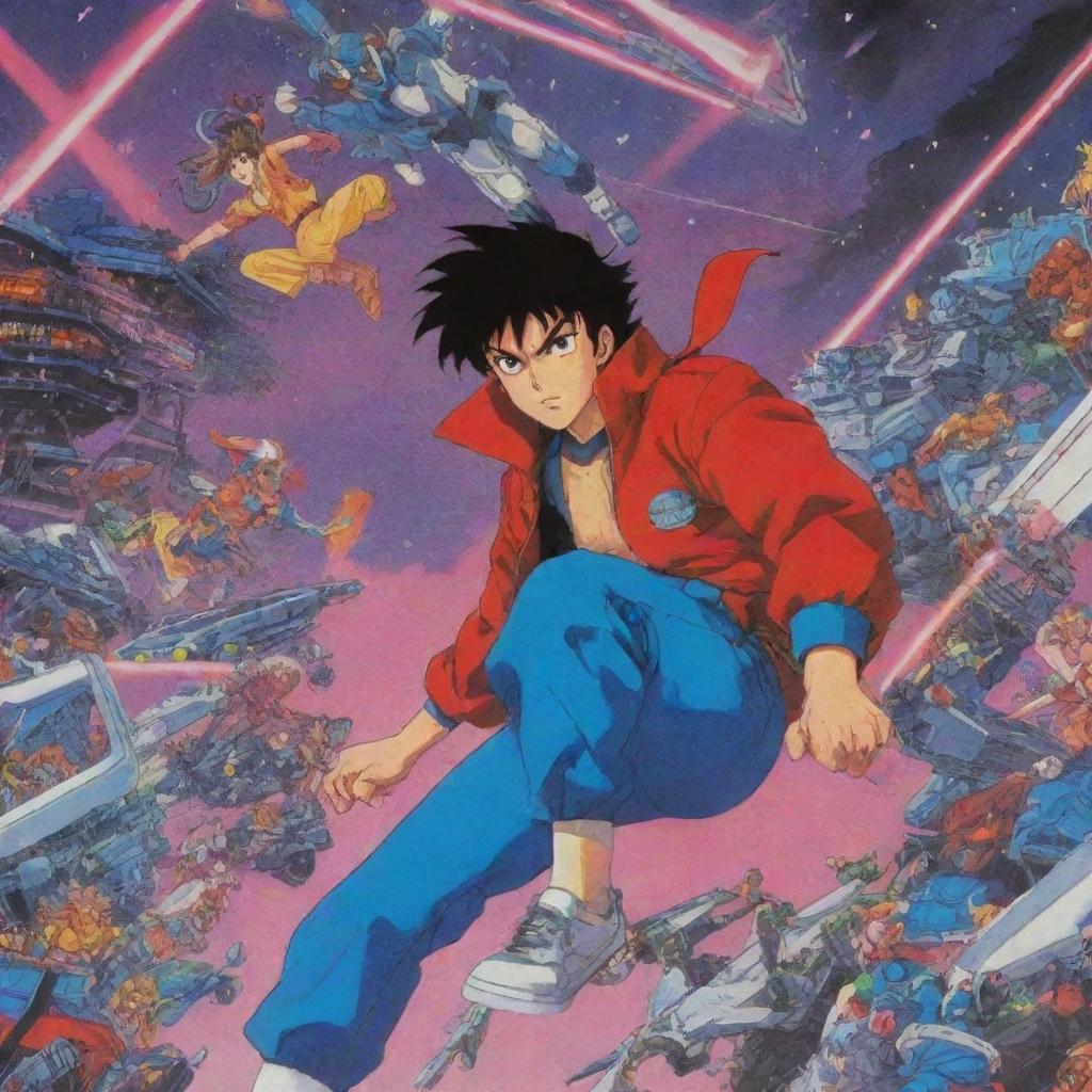 A detailed scene in the distinct bright and colorful aesthetics of 80's anime, showcasing dramatic action sequences and characteristic character designs.