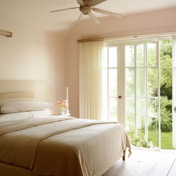 A cozy and serene bedroom with a light color theme. The room features soft tones and hues, inducing a sense of tranquility.